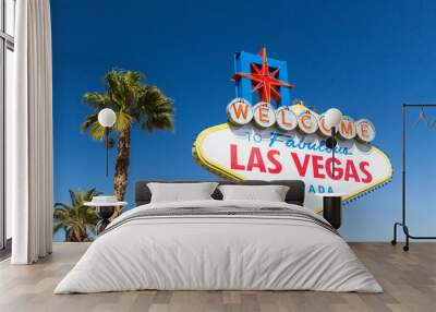 landmarks concept - welcome to fabulous las vegas sign and palm trees over blue sky in united states of america Wall mural