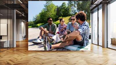 leisure, picnic and people concept - friends hanging out and talking outdoors in summer park Wall mural