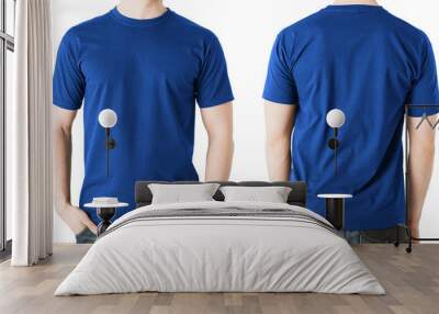 man in blank blue t-shirt, front and back view Wall mural