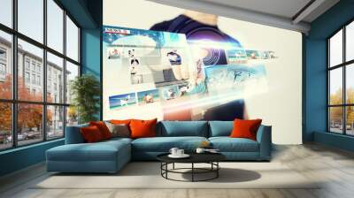 man pressing button on virtual screen Wall mural