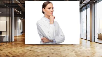 medicine, profession and healthcare concept - thinking female doctor in white coat Wall mural