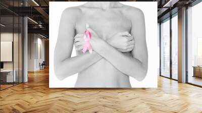 naked woman with breast cancer awareness ribbon Wall mural