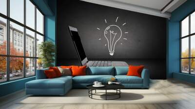 open laptop computer with lighting bulb doodle Wall mural