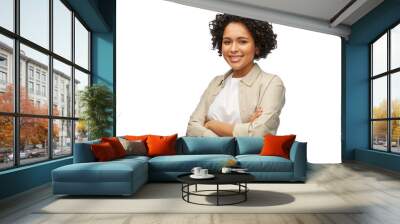 people, ethnicity and portrait concept - happy smiling woman in shirt with crossed arms over white background Wall mural