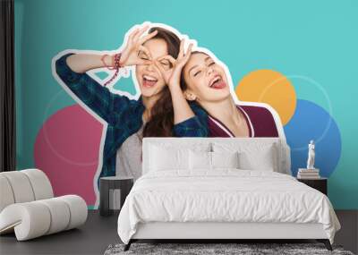 people, fashion and friendship concept -magazine style collage of happy teenage girls having fun and making faces over colorful background Wall mural