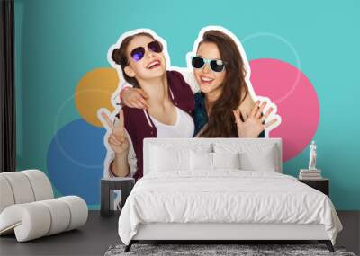 people, fashion and friendship concept -magazine style collage of happy teenage girls in casual clothes and sumglasses over colorful background Wall mural