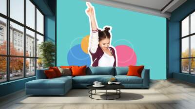 people and party concept - magazine style collage of happy smiling teenage girl dancing and pointing finger up over colorful background Wall mural