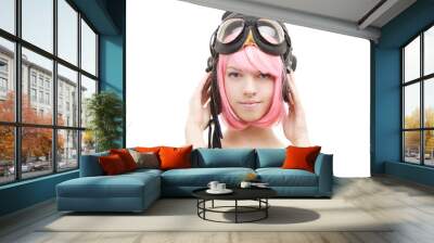 pink hair girl in aviator helmet over white Wall mural