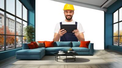 profession, construction and building - happy smiling male worker or builder in yellow helmet and overall with tablet pc computer over white background Wall mural