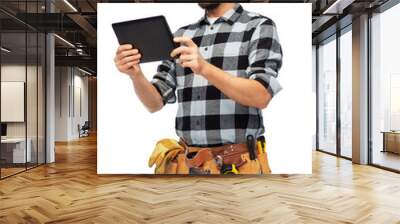 profession, construction and building - happy smiling worker or builder with tablet pc computer and tools over white background Wall mural