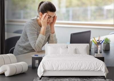 remote job, business and people concept - stressed or tired young woman with laptop computer working at home office Wall mural