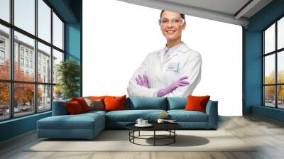 science and profession concept - happy smiling female scientist in goggles and gloves with nametag on lab coat Wall mural