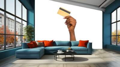 shopping, finance and people concept - close up of female hand with golden credit card over white background Wall mural