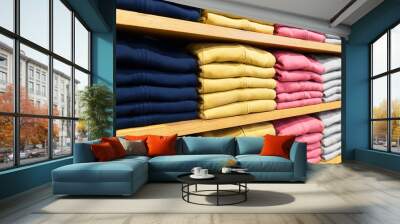 shopping, sale and retail concept - close up of shelves with clothes at clothing store Wall mural