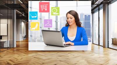 smiling businesswoman or student with laptop Wall mural