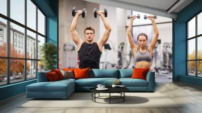 smiling man and woman with dumbbells in gym Wall mural