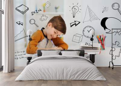 smiling student boy writing to notebook at home Wall mural