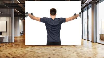 sport, bodybuilding, fitness and people concept - young man with dumbbells flexing muscles over white background from back Wall mural