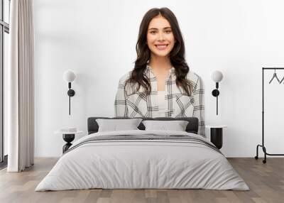 t-shirt design and people concept - smiling young woman or teenage girl in checkered shirt over white background Wall mural