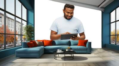 technology and people concept - happy young african american man with tablet computer over white background Wall mural