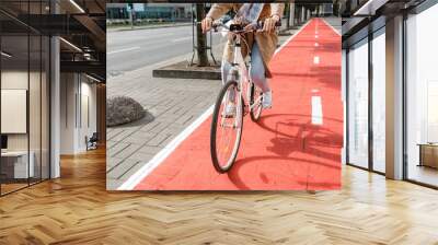 traffic, city transport and people concept - woman riding bicycle along red bike lane or two way road on street Wall mural