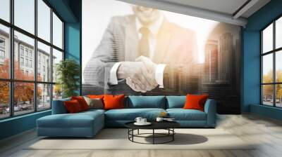 two businessmen shaking hands in office Wall mural