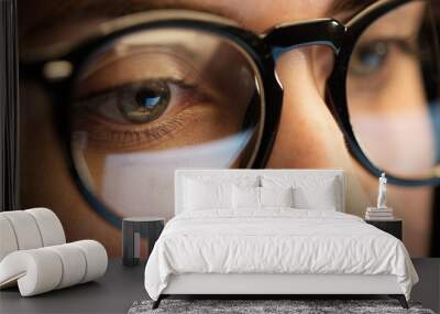 vision, business and education concept - close up of woman eyes in glasses looking at computer scree Wall mural