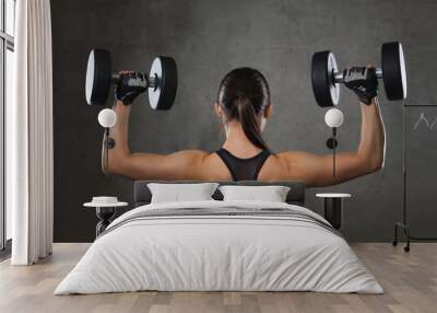 young woman flexing muscles with dumbbells in gym Wall mural