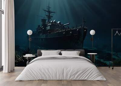 80 years old  destroyed military ship underwater, dark environment Wall mural