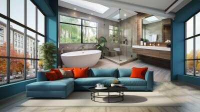 A luxurious bathroom with a large soaking tub, a rainfall shower, and elegant fixtures and finishes that create a spa-like atmosphere - Generative AI Wall mural