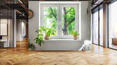 White window with two panes, modern country house, green trees outside, cozy bedroom, potted plants. Wall mural