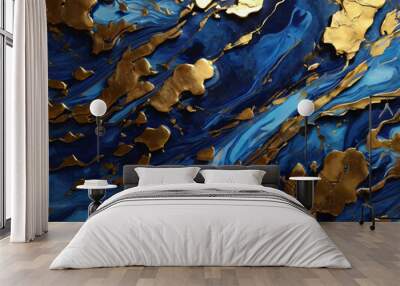 Blue marble and gold abstract background texture.  Indigo ocean blue marbling  with natural luxury style swirls of marble and gold powder.
 Wall mural