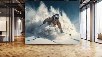 A skier conquers the breathtaking snowy mountain slopes of peaks. Heli sking Wall mural