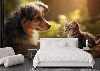 Cute kitten and dog against a background of beautiful blurred nature and sunlight. Banner. Postcard. Wallpaper. Wall mural