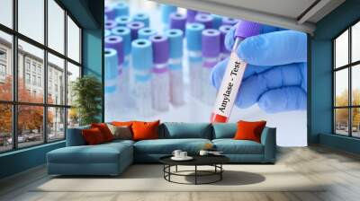 Doctor holding a test blood sample tube with Amylases test on the background of medical test tubes with analyzes. Wall mural