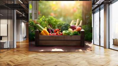 Fresh organic bio vegetables in a wooden box on a blurred green background. Harvesting. Harvest and healthy food concept.Generative AI Wall mural