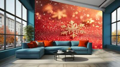 Golden particles create a beautiful bokeh effect on a vibrant red background. Perfect for festive projects for christmas, valentine's day, chinese new year or any other celebration. Copy space. Banner Wall mural