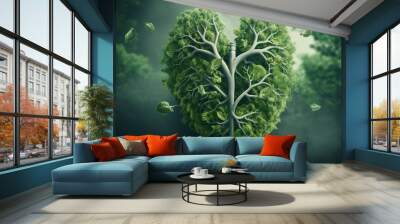 Green heart from branches of green trees against the backdrop of the beautiful nature of the forest. The concept of preserving the ecology of the planet, the environment, cleanliness. Wall mural