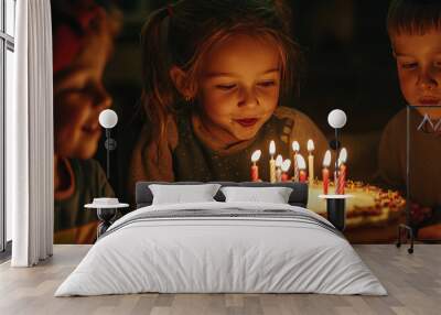 Group of adorable children are gathered around a birthday cake, their faces lit by the warm glow of the candles as they prepare to make a wish Wall mural