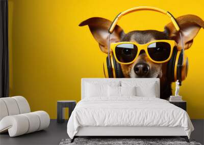 Happy dog wearing headphones and modern sunglasses listens to music on a yellow background. Banner. funny meme Wall mural