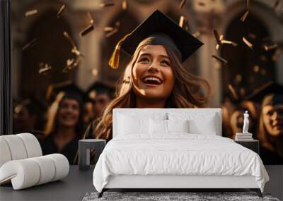 Happy graduates throw their hats into the air. Receiving diplomas. Success about graduating from a university, institute, school. Banner Wall mural