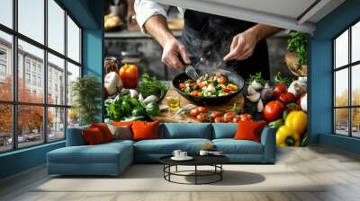 In the restaurant, a professional male chef prepares a signature salad, adds ingredients, special sauce, cheese, traditional recipe. Wall mural