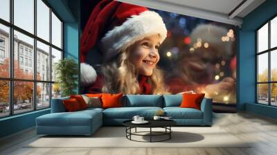 Little beautiful girl smiling while looking up at the falling snow through a window with christmas lights reflected in the glass.Making a wish.Festive Christmas mood Wall mural