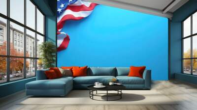 The american flag against a blue background, symbolizing national pride and freedom, perfect for patriotic events. Banner. Flat lay, top view. Copy space. Mock up. Wall mural