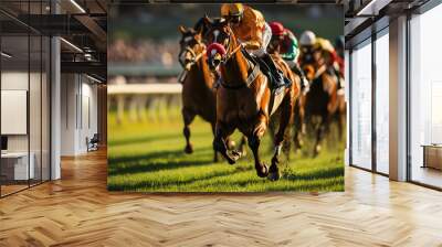 Thrilling horse race at melbourne cup, with powerful animals and skilled jockeys racing towards victory on grassy track. Melbourne Cup Wall mural