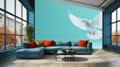 White dove flies gracefully in a peaceful blue sky, symbolizing hope and peace .International Day of Peace. Banner. Copy space Wall mural