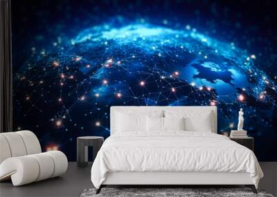 Worldwide network connection, digital telecommunication, big data, digital transformation, cloud computing, IoT, cryptocurrency, blockchain. Metaverse digital world planet cyber Earth. Generation AI Wall mural