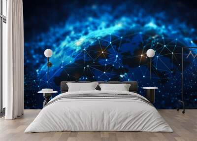 Worldwide network connection, digital telecommunication, big data, digital transformation, cloud computing, IoT, cryptocurrency, blockchain. Metaverse digital world planet cyber Earth. Generation AI Wall mural