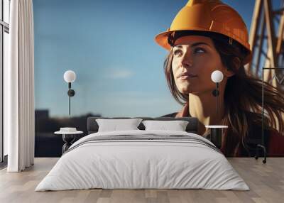 Young female engineer is smiling on a construction site, wearing a hard hat and safety vest. Labor day. Banner Wall mural