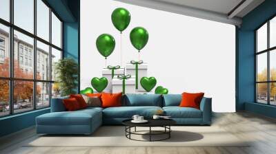 Gift box or white present box with green balloons isolated on white background. 3d rendering Wall mural